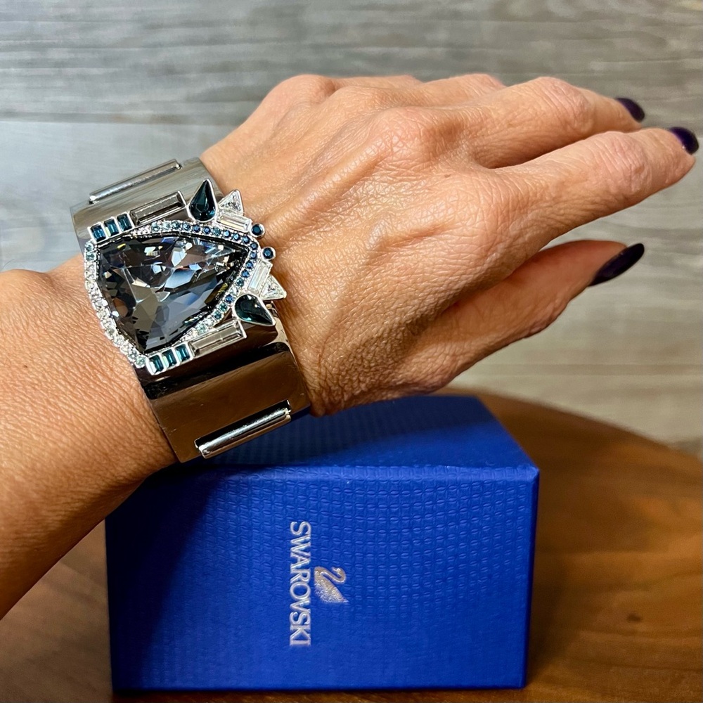 Swarovski Jewelry Bangle Cuff Bracelet, Silver + Blue Gray Stone